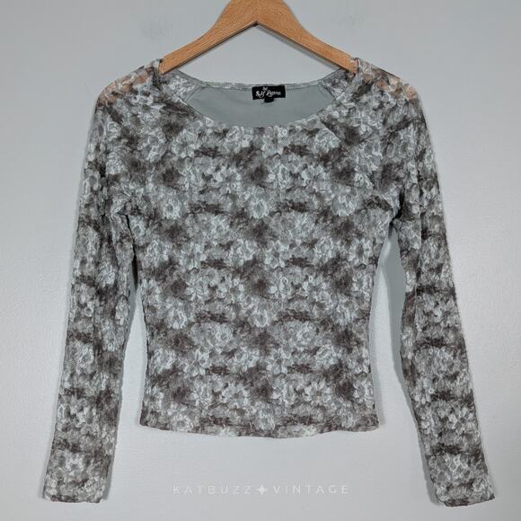 Y2K Lace Long Sleeve Top S Green Brown Fairy Grunge Stretch Dye Indie Lace Scoop - Picture 1 of 10